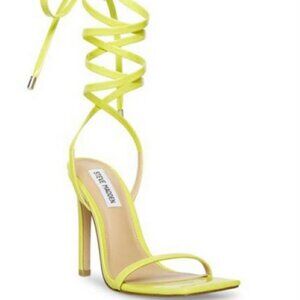 STEVE MADDEN Uplift Patent Strappy Wrap Tie Stiletto Sandal Neon Yellow 8.5 NWOB